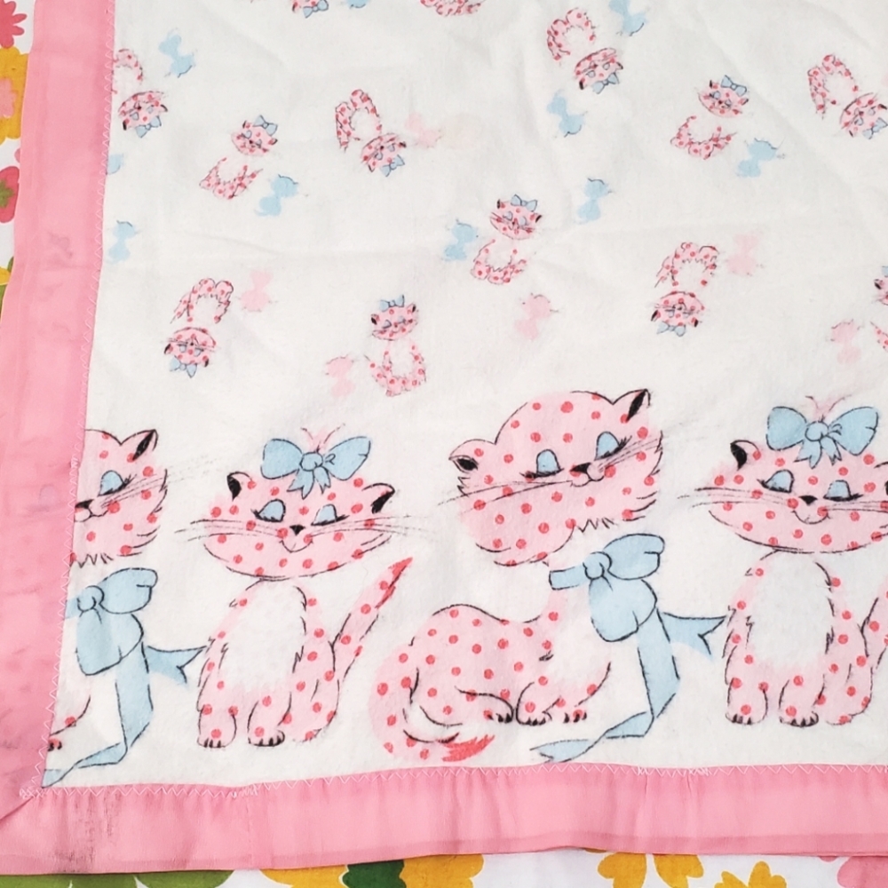 SOLD Baby Girl Blanket Retro Kitty Cat Bow Ribbon Pink Pastel Shabby Chic